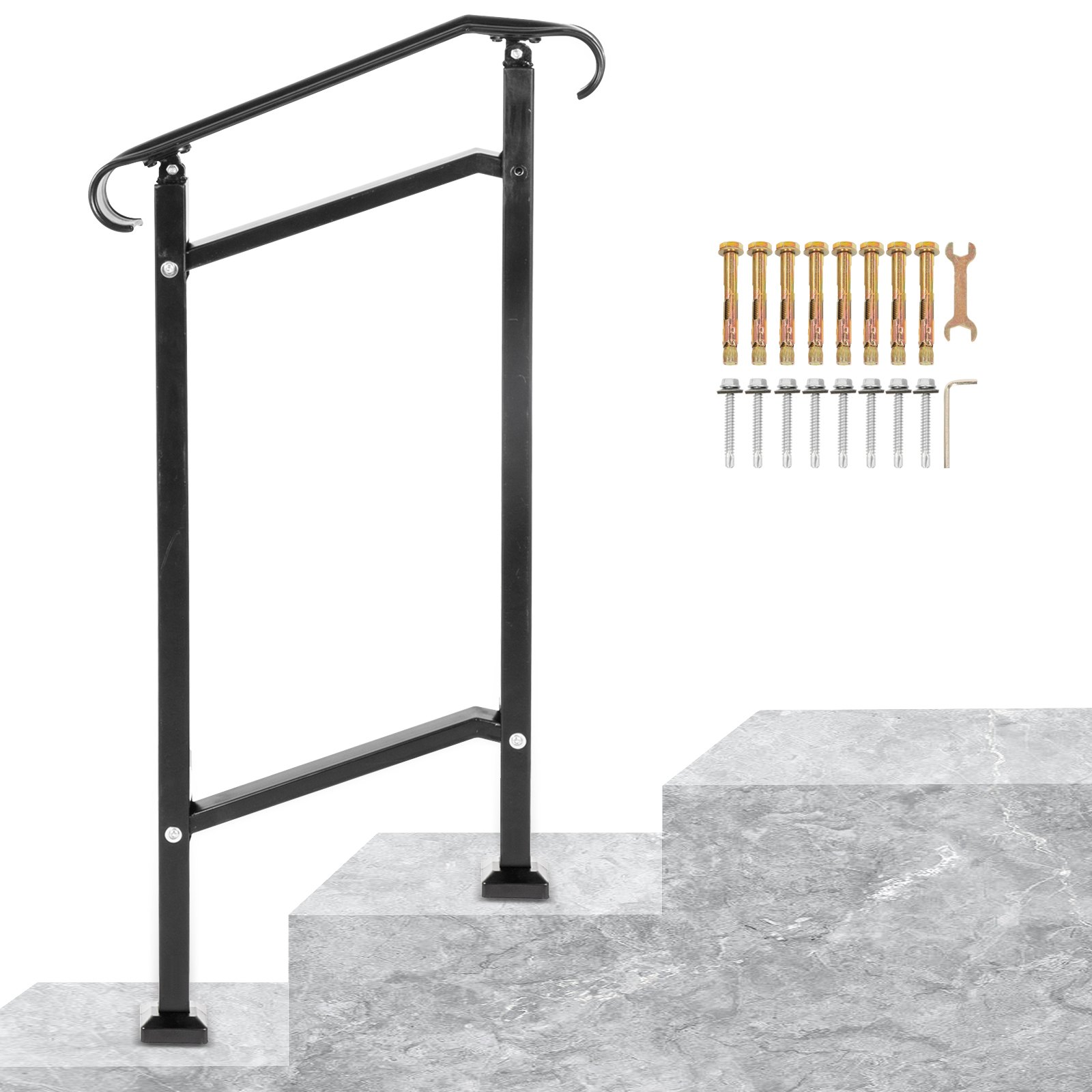 Barandilla de escalera exterior VEVOR, apta para 1 o 2 escalones, pasamanos de hierro forjado, pasamanos ajustables para porche delantero, pasamanos de transición negro para escalones de hormigón o escaleras de madera con kit de instalación.