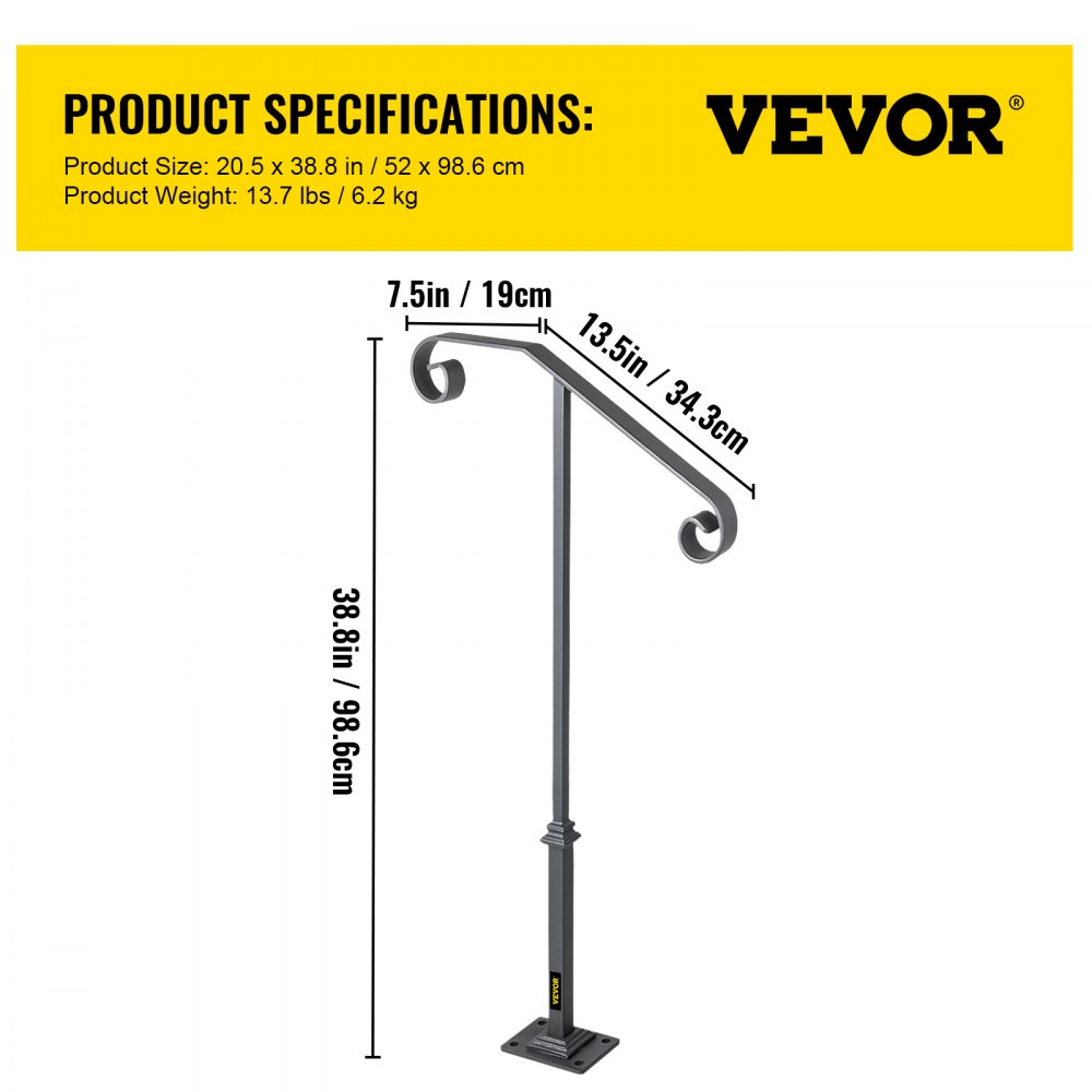 Barandillas VEVOR para escaleras exteriores, aptas para 1 o 2 escalones, barandilla de escalera exterior, barandilla de hierro forjado de un solo poste, barandillas de porche de transición grises para escalones de hormigón o escaleras de madera con base.