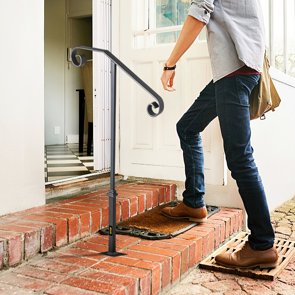 Barandillas VEVOR para escaleras exteriores, aptas para 1 o 2 escalones, barandilla de escalera exterior, barandilla de hierro forjado de un solo poste, barandillas de porche de transición grises para escalones de hormigón o escaleras de madera con base.