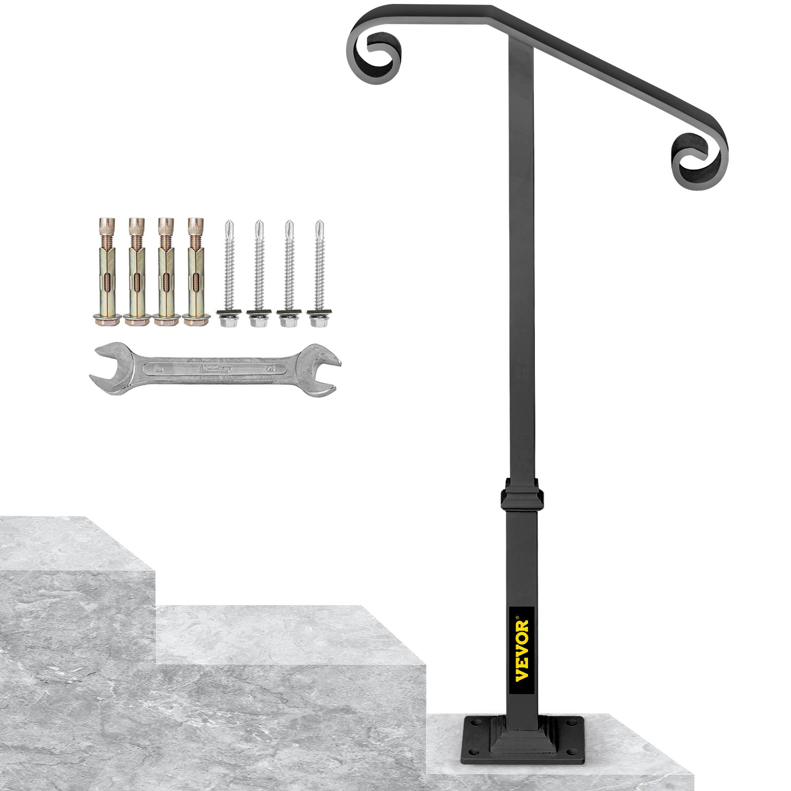 Barandillas VEVOR para escaleras exteriores, aptas para 1 o 2 escalones, barandilla de escalera exterior, barandilla de hierro forjado de un solo poste, barandillas de porche de transición grises para escalones de hormigón o escaleras de madera con base.