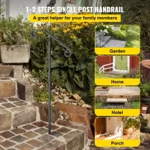 VEVOR Pasamanos de un solo poste Soportes de agarre de escalones de montaje en poste de hierro forjado en el suelo Poste largo Se adapta a 1 o 2 escalones Baranda de un solo poste (gris)