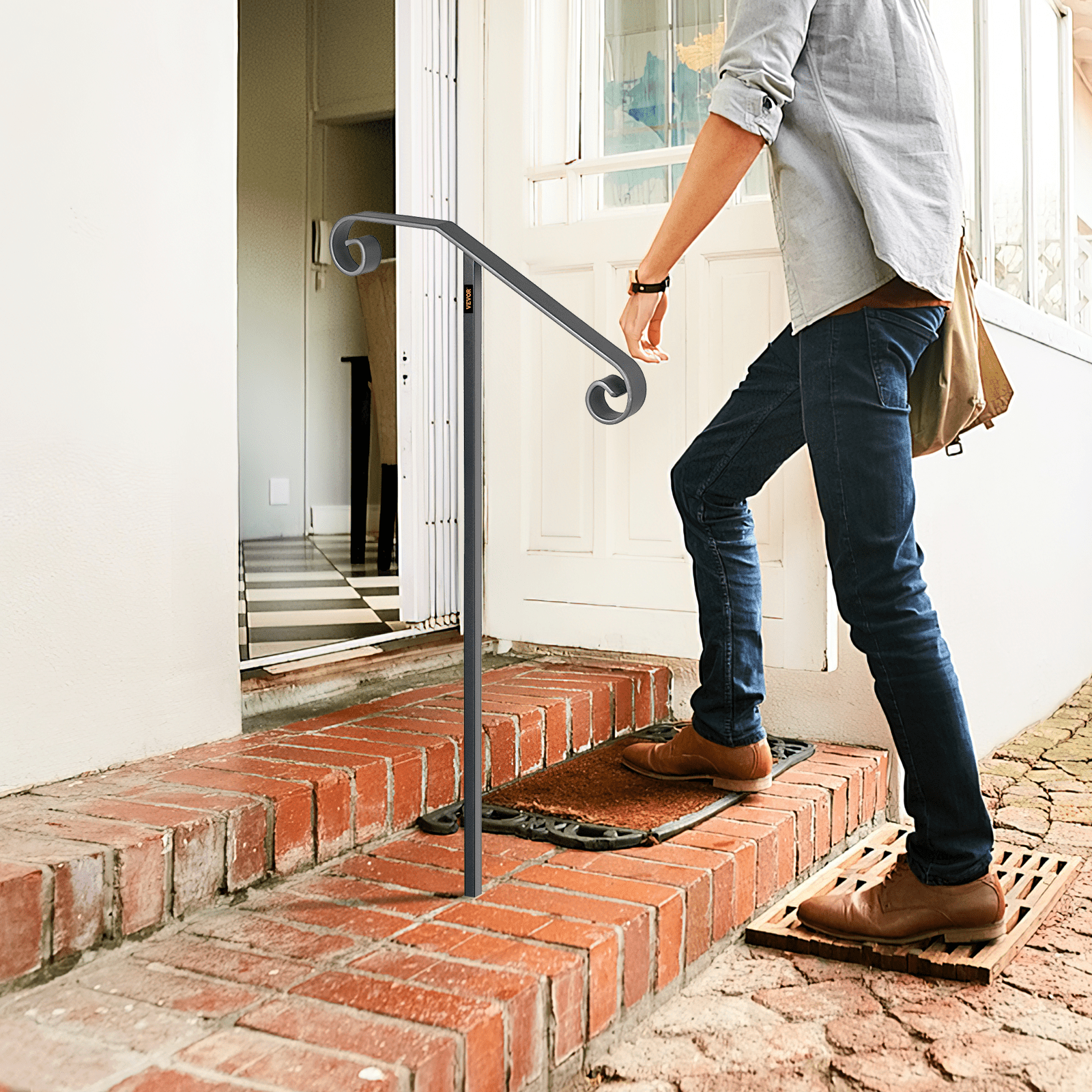 Pasamanos de un solo poste VEVOR de hierro forjado, con soporte para escalones, para empotrar en el suelo, de poste largo, compatible con 1 o 2 escalones, gris.