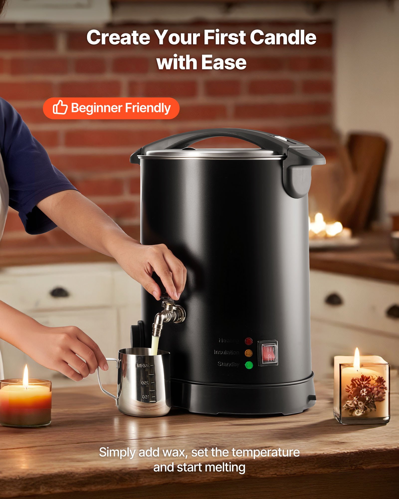 Fundidor de cera VEVOR para hacer velas, 10.6 cuartos de galón, calentamiento rápido y uniforme, con boquilla de fácil vertido y control de temperatura, base en forma de reloj de arena para un flujo suave y antiadherente, olla para fundir cera para hacer velas y jabones.