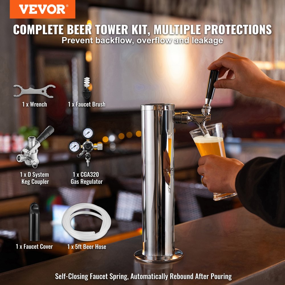 Kit de torre de barril VEVOR, kit de conversión de cerveza de un solo grifo, dispensador de cerveza de barril de acero inoxidable con regulador CGA320 de doble calibre y acoplador de barril D-System, resorte de cierre automático para fiestas, bares y hogares.