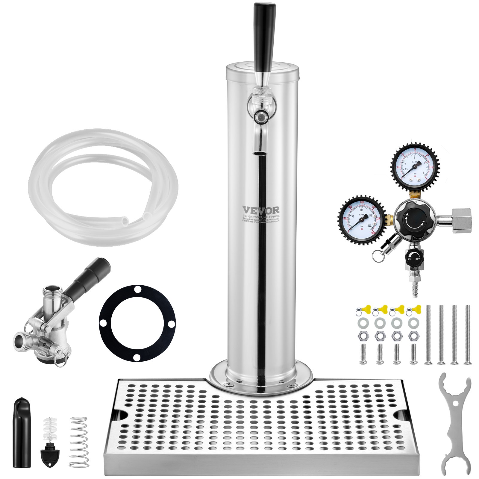 Kit de torre de barril VEVOR, kit de conversión de cerveza de un solo grifo, dispensador de cerveza de barril de acero inoxidable con regulador CGA320 de doble calibre y acoplador de barril D-System, bandeja de goteo para fiestas y hogar.