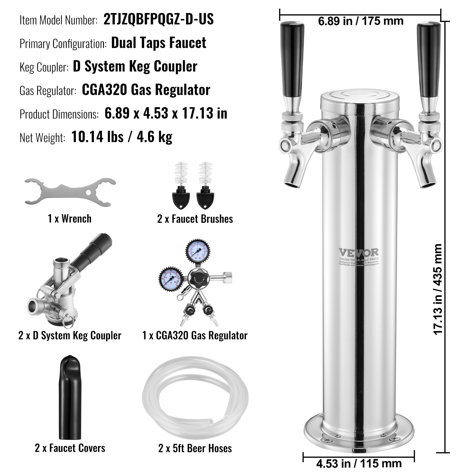 Kit de torre de barril VEVOR, kit de conversión de cerveza con dos grifos, dispensador de cerveza de barril de acero inoxidable con regulador CGA320 de doble calibre y acoplador de barril D-System, resorte de cierre automático para fiestas, bares y hogares.
