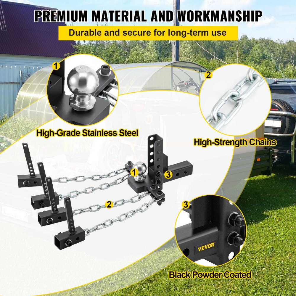 Enganche de distribución de peso VEVOR, capacidad de carga en la lanza de 1000 lb, enganche nivelador con control de balanceo, bola de 2", ajuste de altura/caída de 4", 4 cadenas y soporte de bastidor universal, remolque de remolque sin rebotes ni balanceo.