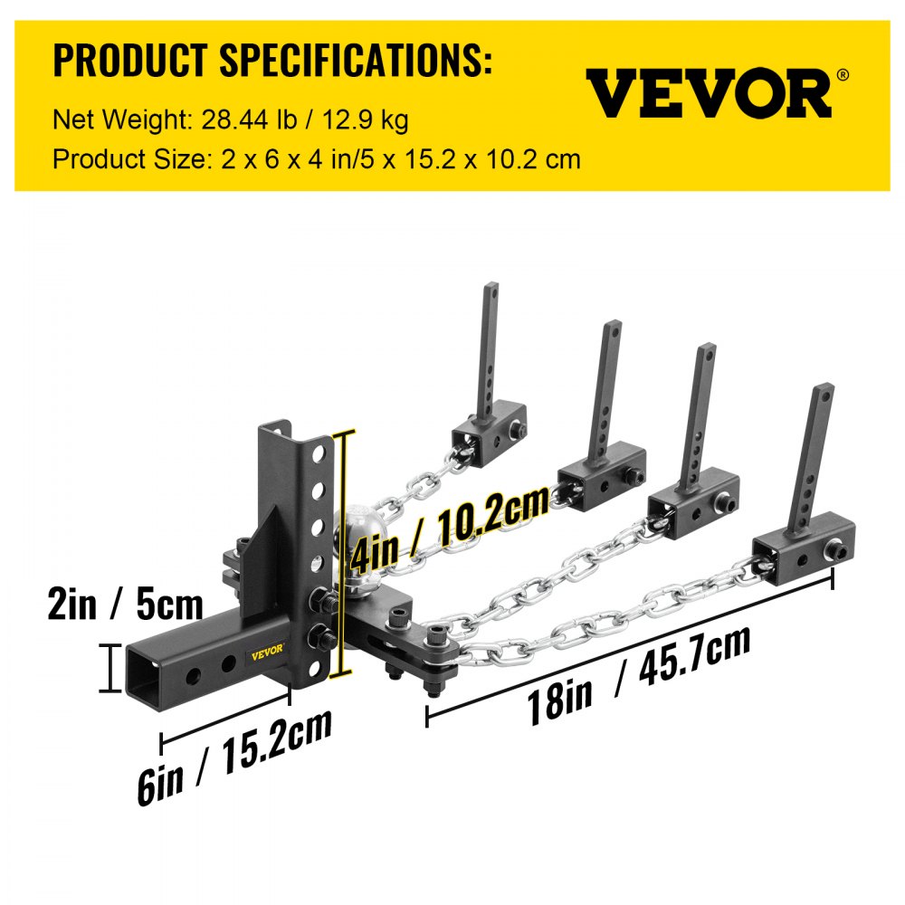 Enganche de distribución de peso VEVOR, capacidad de carga en la lanza de 1000 lb, enganche nivelador con control de balanceo, bola de 2", ajuste de altura/caída de 4", 4 cadenas y soporte de bastidor universal, remolque de remolque sin rebotes ni balanceo.