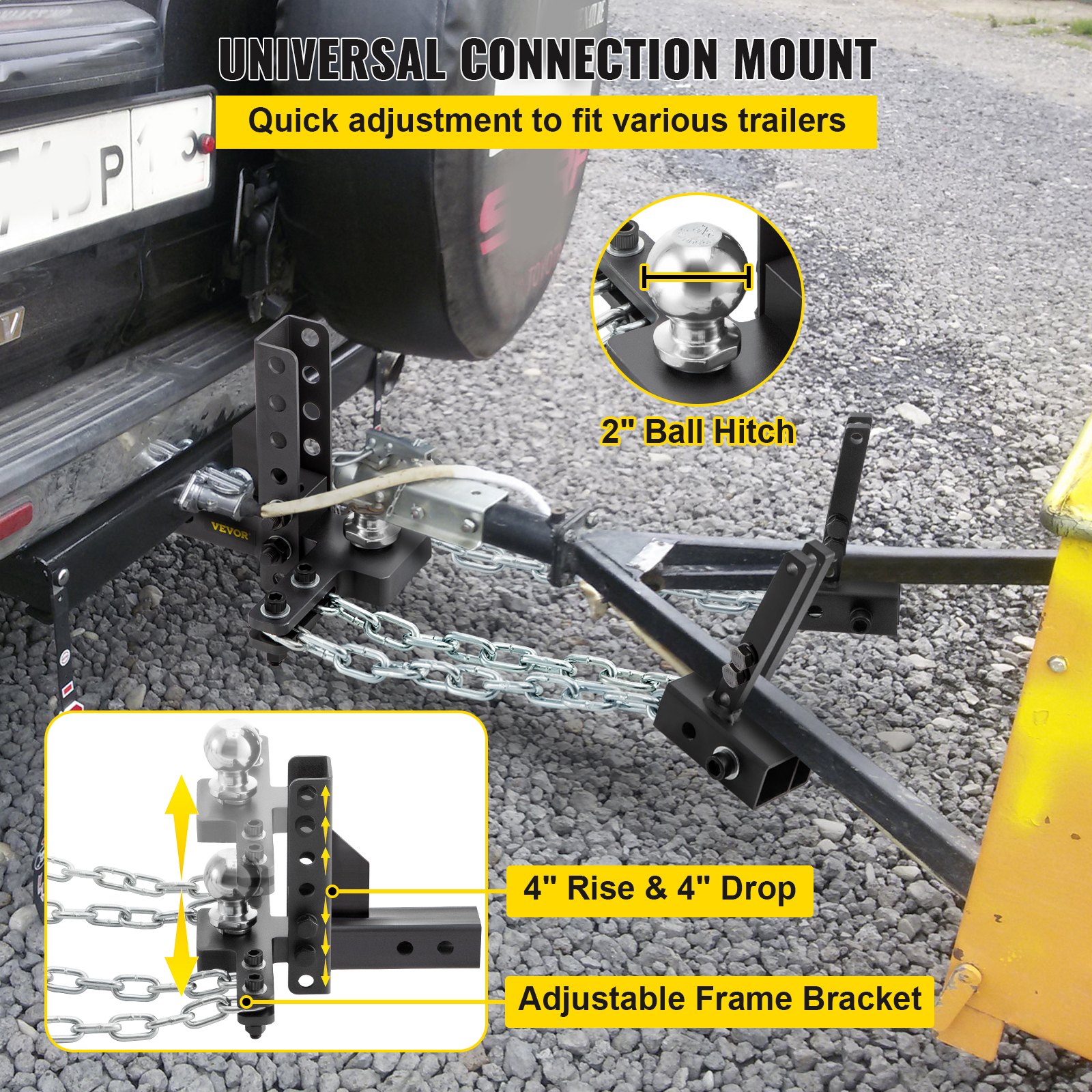 Enganche de distribución de peso VEVOR, capacidad de carga en la lanza de 1000 lb, enganche nivelador con control de balanceo, bola de 2", ajuste de altura/caída de 4", 4 cadenas y soporte de bastidor universal, remolque de remolque sin rebotes ni balanceo.