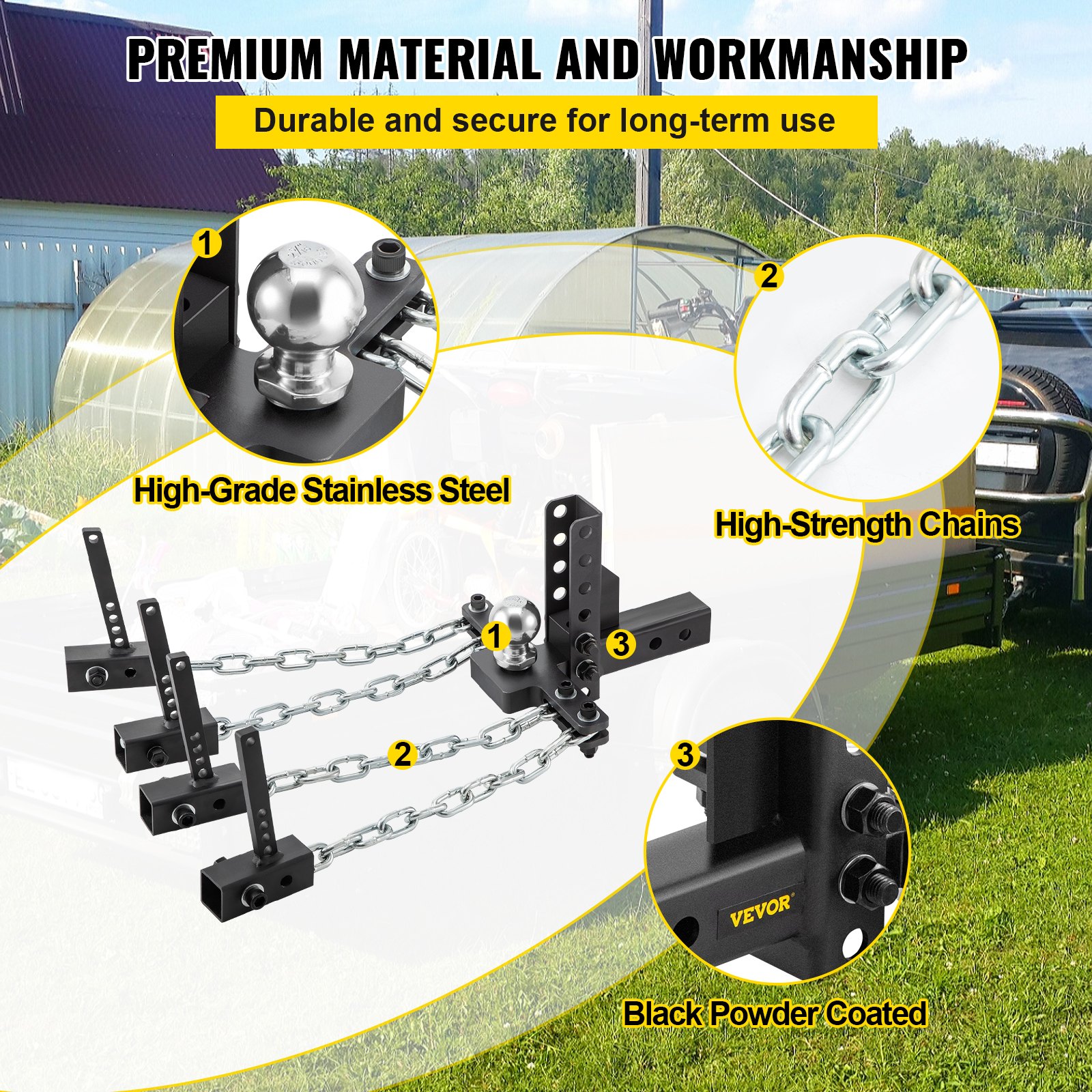 Enganche de distribución de peso VEVOR, capacidad de carga en la lanza de 1000 lb, enganche nivelador con control de balanceo, bola de 2", ajuste de altura/caída de 4", 4 cadenas y soporte de bastidor universal, remolque de remolque sin rebotes ni balanceo.
