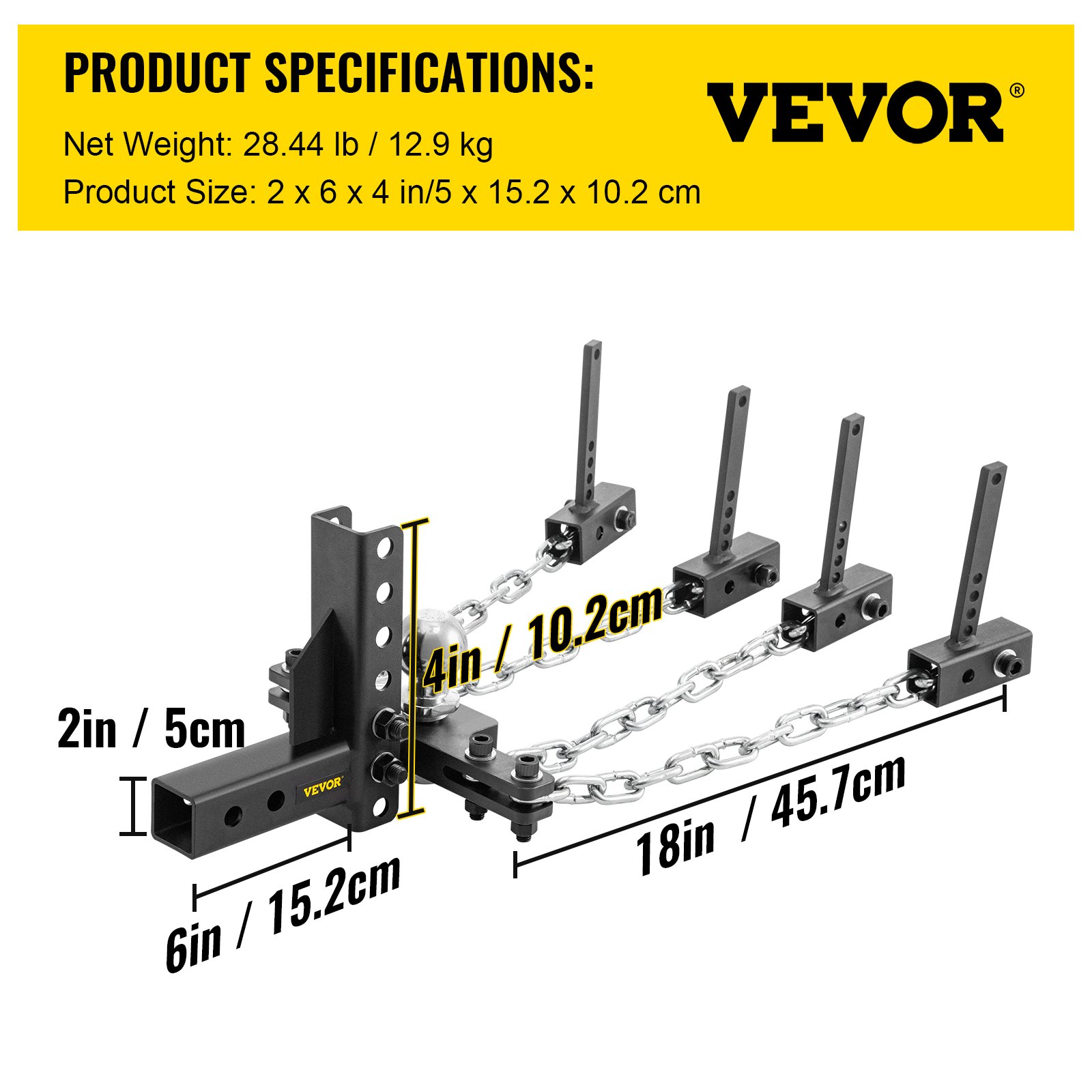 Enganche de distribución de peso VEVOR, capacidad de carga en la lanza de 1000 lb, enganche nivelador con control de balanceo, bola de 2", ajuste de altura/caída de 4", 4 cadenas y soporte de bastidor universal, remolque de remolque sin rebotes ni balanceo.