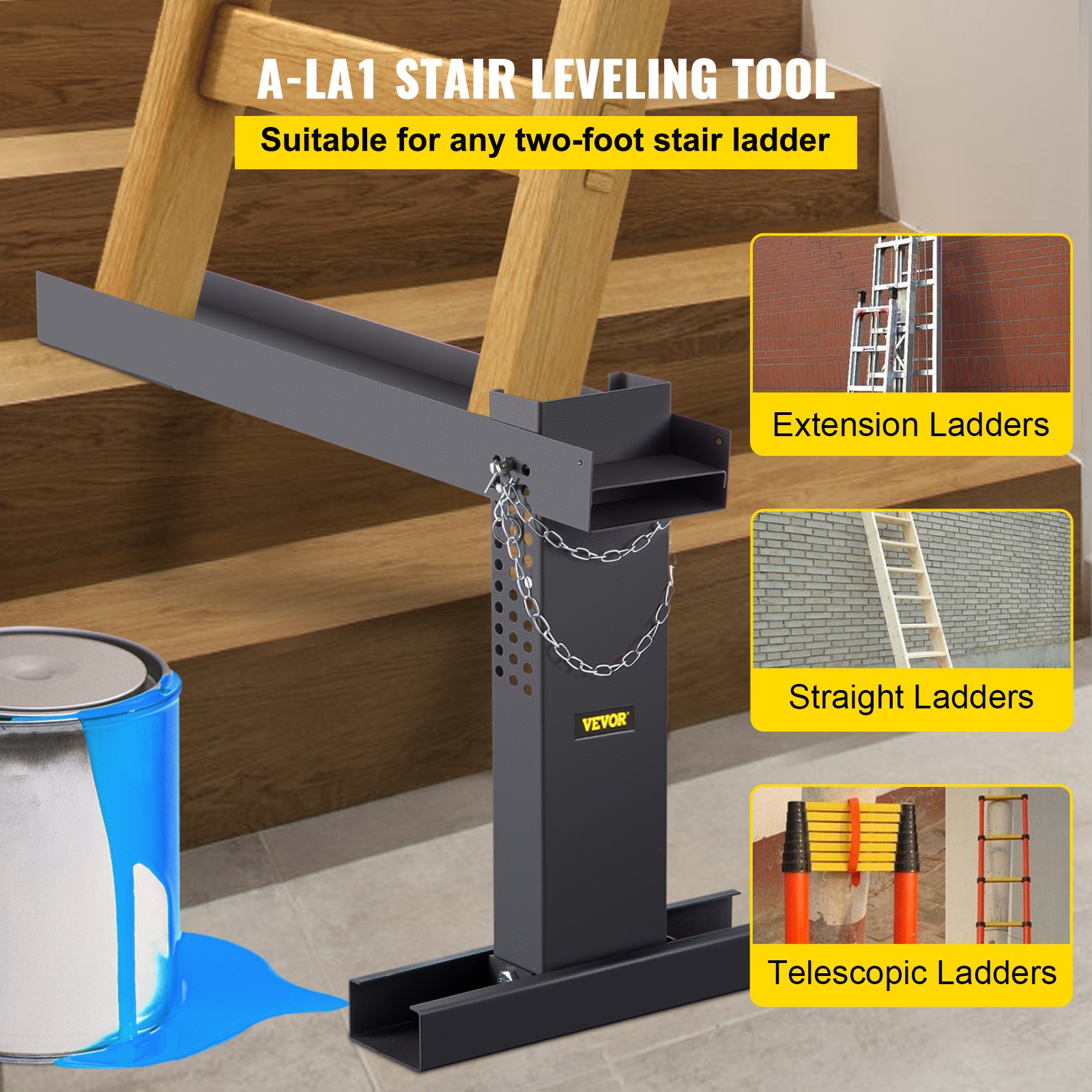Extensor de escalera VEVOR para nivelar escalones de escaleras con escalera de madera y lata de pintura derramada.