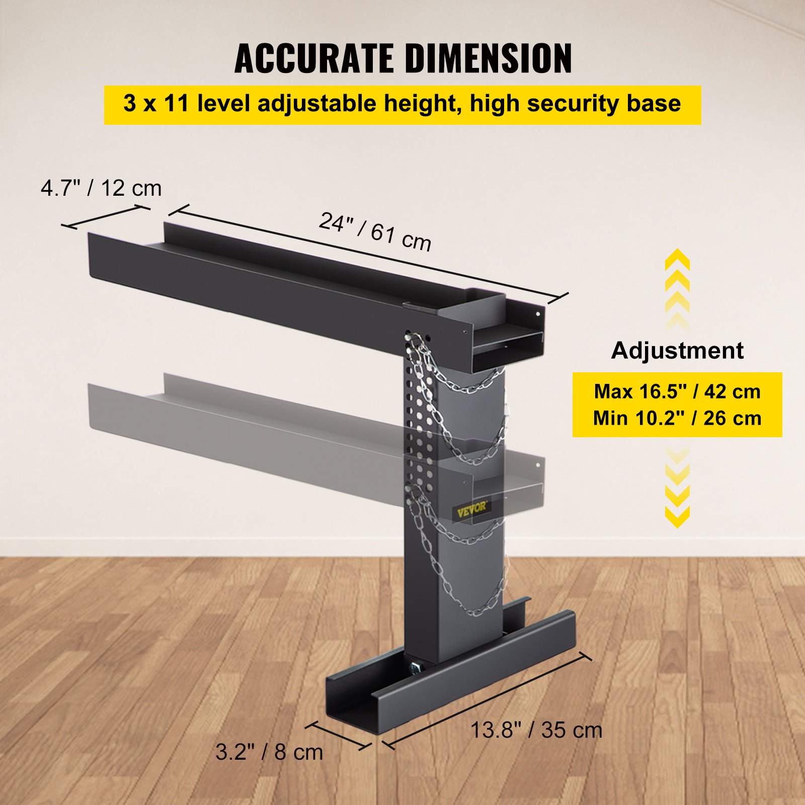 Dimensiones del extensor de escalera VEVOR y configuraciones de altura ajustables.