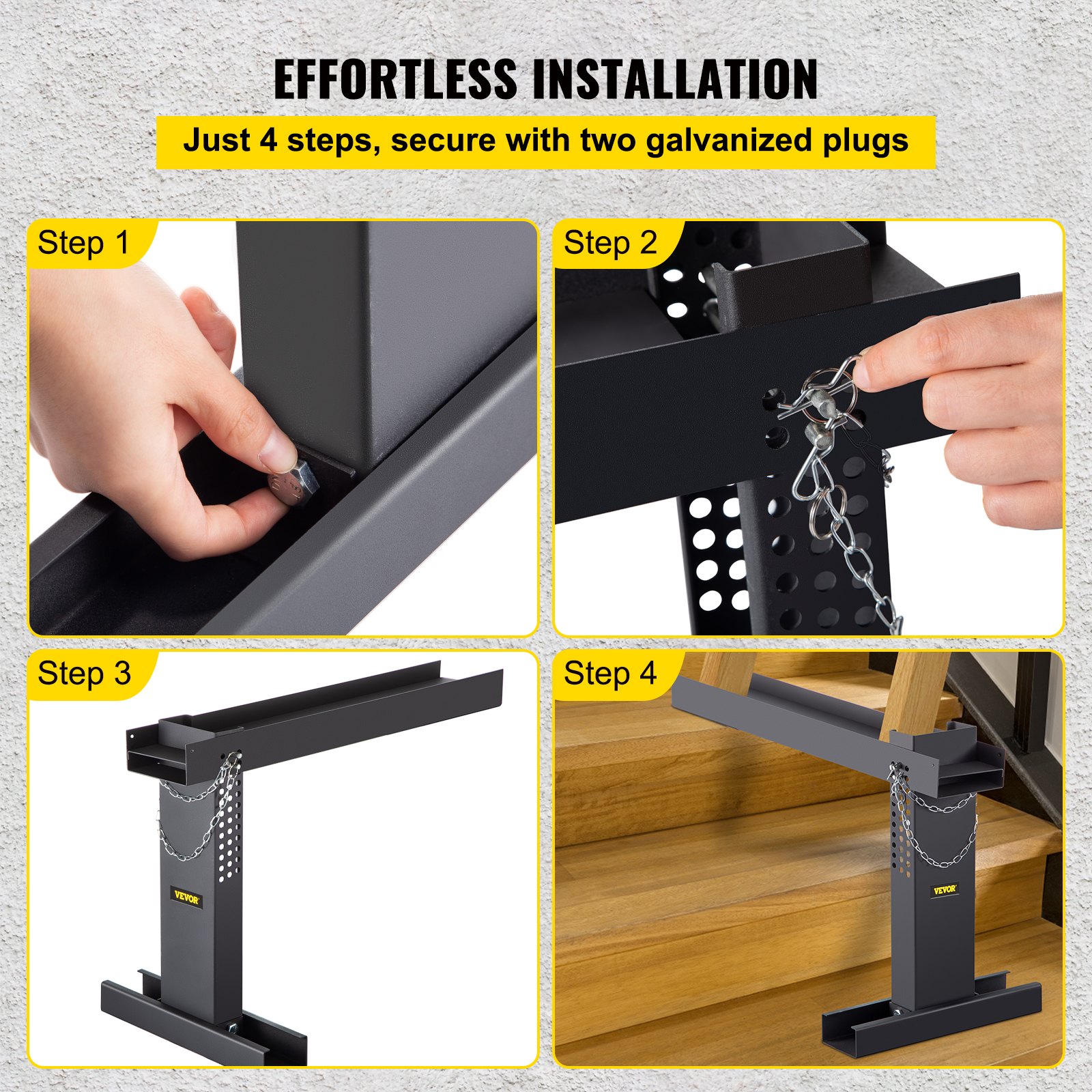 Instalación de extensor de escalera VEVOR en 4 pasos con tacos galvanizados.