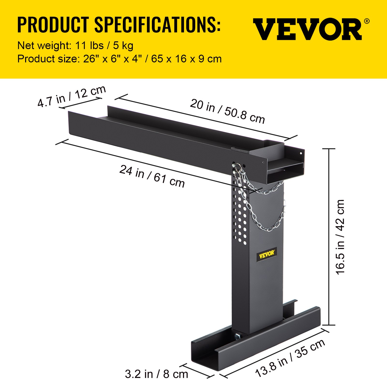 Extensor de escalera VEVOR con dimensiones y especificaciones etiquetadas.
