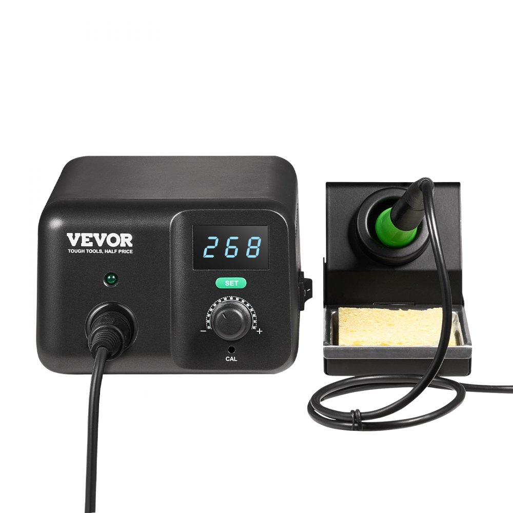 Estación de soldadura VEVOR, kit de 70 W con pantalla digital, control de temperatura de 50 °C a 490 °C y transformador integrado, modo de espera y suspensión automáticos, con 5 puntas de soldadura, 10 g de alambre de soldadura y pinzas.