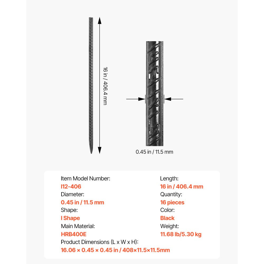 Estacas de refuerzo VEVOR de 40,6 cm (16 pulgadas), resistentes, de 1,14 cm (0,45 pulgadas) de diámetro, de acero galvanizado recto, con punta de cincel y revestimiento resistente a la oxidación, para jardinería, cercas y tiendas de campaña (paquete de 16)