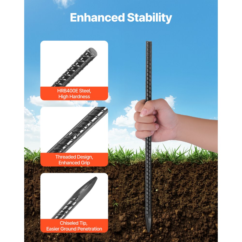 Estacas de refuerzo VEVOR de 40,6 cm (16 pulgadas), resistentes, de 1,14 cm (0,45 pulgadas) de diámetro, de acero galvanizado recto, con punta de cincel y revestimiento resistente a la oxidación, para jardinería, cercas y tiendas de campaña (paquete de 16)