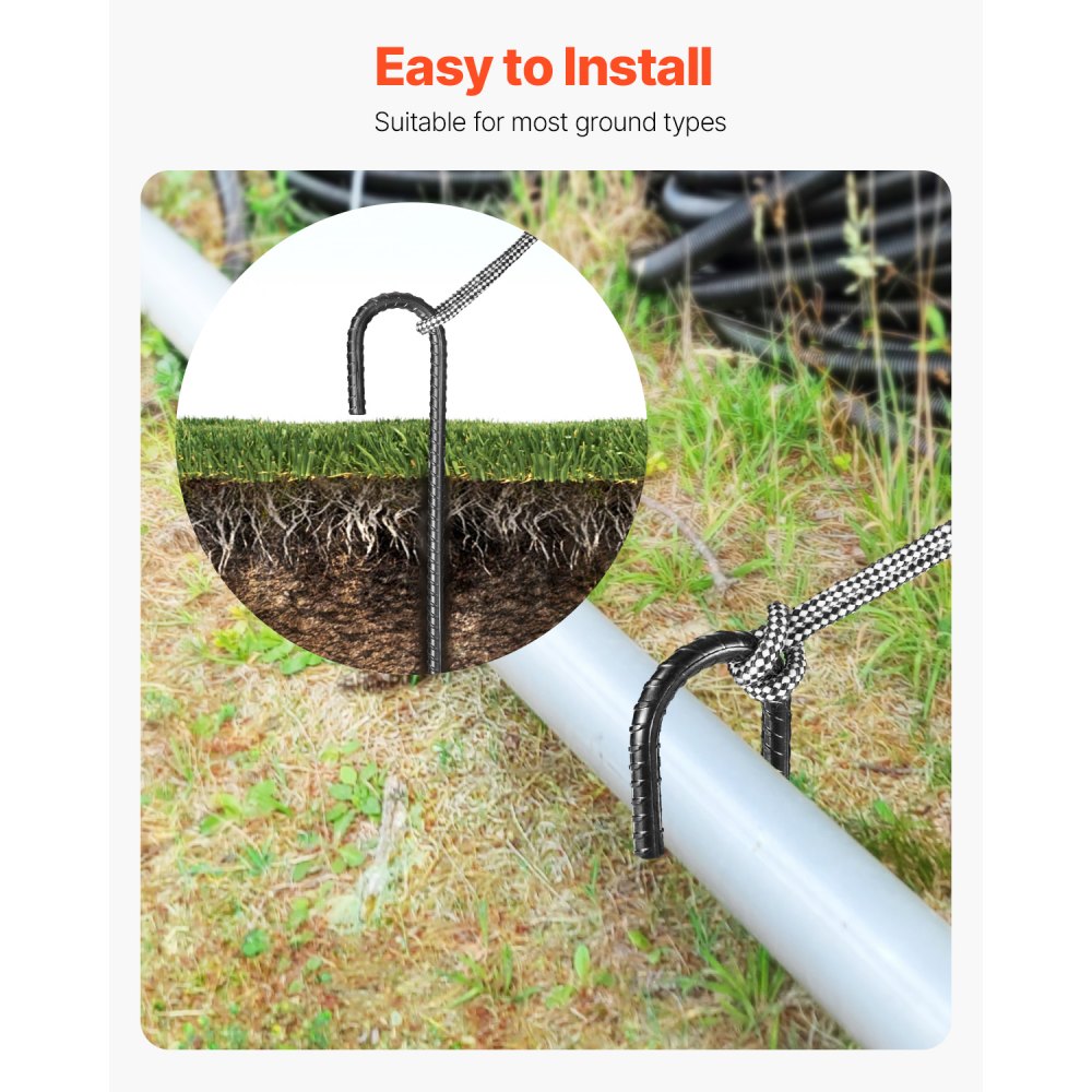 Estacas de refuerzo VEVOR de 30 cm, resistentes, con gancho en J de 1 cm de diámetro, anclajes de acero galvanizado con punta de cincel y revestimiento resistente a la oxidación, para jardinería, cercas y tiendas de campaña (paquete de 16)