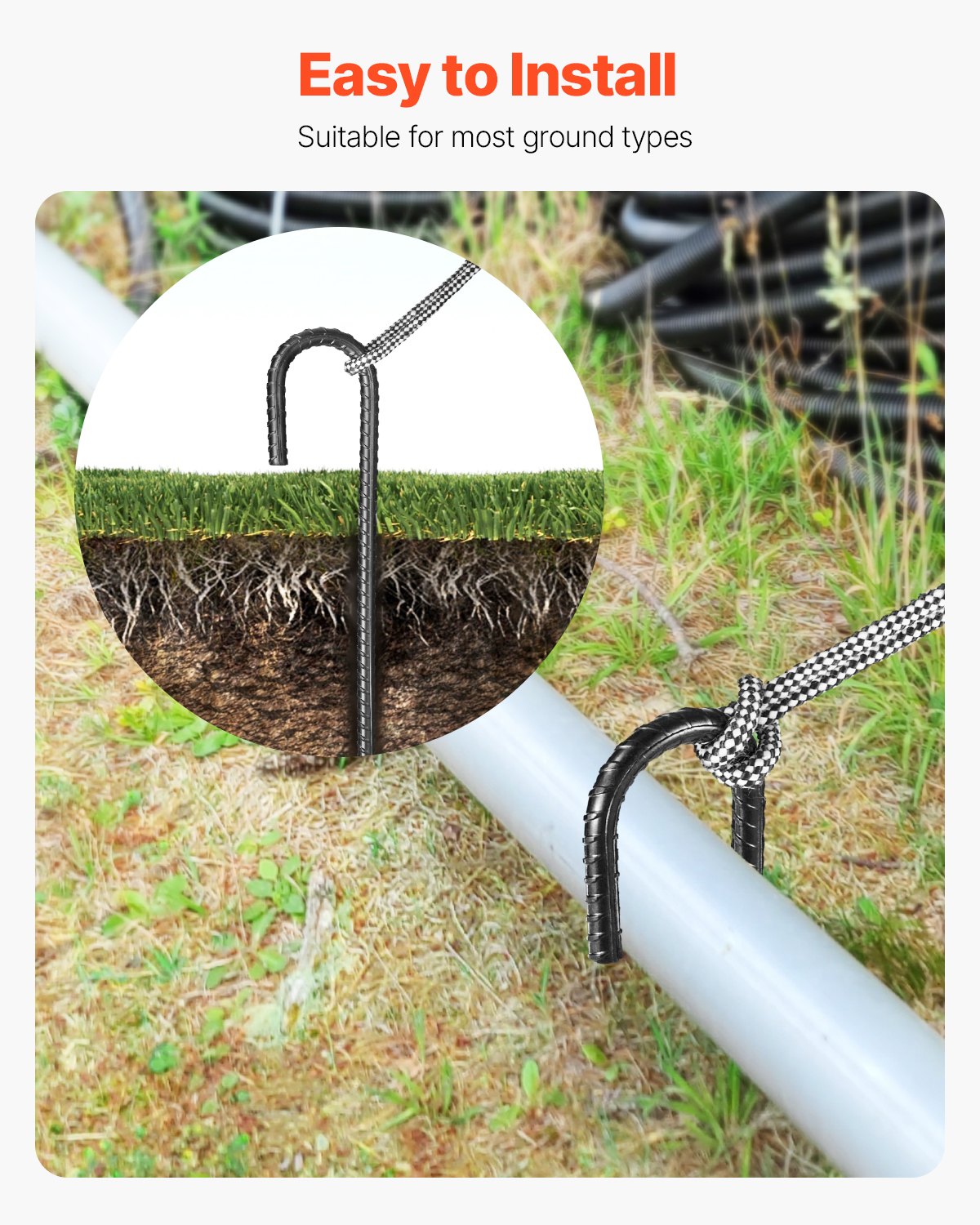 Estacas de refuerzo VEVOR de 30 cm, resistentes, con gancho en J de 1 cm de diámetro, anclajes de acero galvanizado con punta de cincel y revestimiento resistente a la oxidación, para jardinería, cercas y tiendas de campaña (paquete de 16)