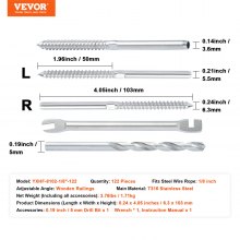 VEVOR Paquete de 122 terminales de ajuste de extremo de tensión de perno roscado para barandilla de cable de cubierta de 1/8", acero inoxidable T316, tensor de barandilla de cable de 1/8" para poste de madera/metal, plateado