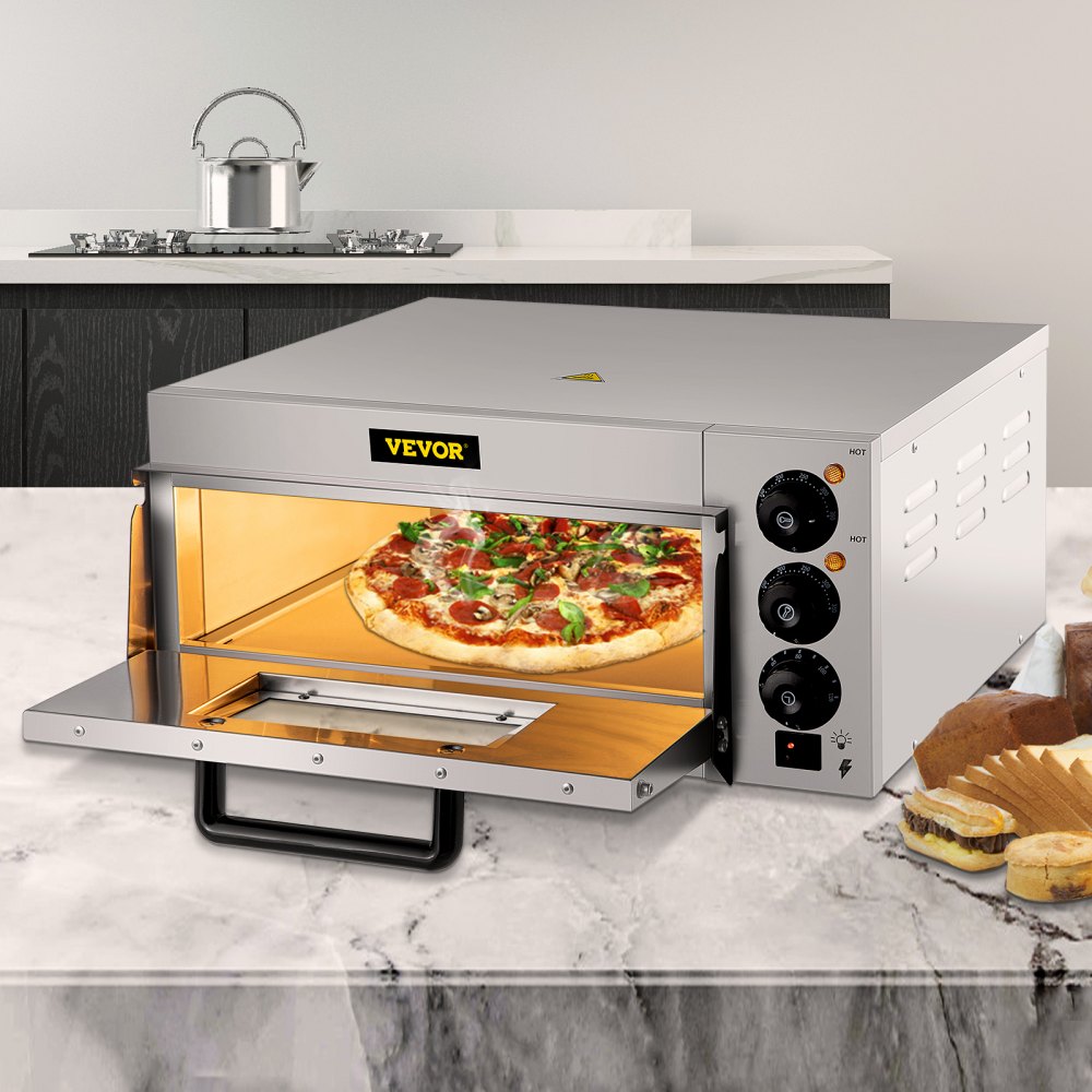 VEVOR Comercial Pizza Horno Encimera, 14" Single Deck Layer, 110V 1300W Acero Inoxidable Eléctrico Pizza Horno con Piedra y Estante, Multiusos Interior Pizza Maker para Restaurante Hogar Pretzels Horneado