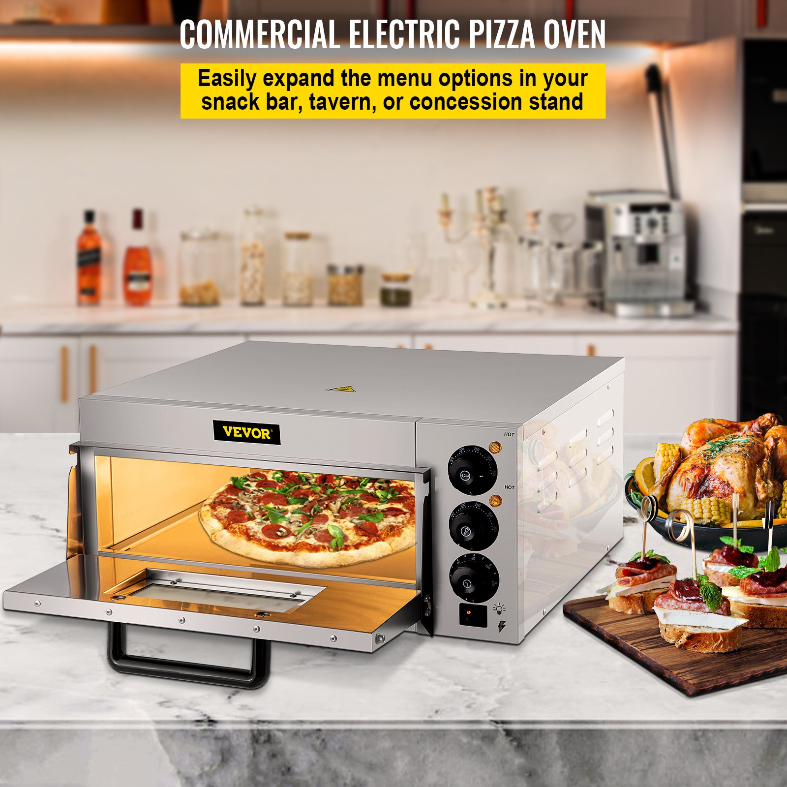 VEVOR Comercial Pizza Horno Encimera, 14" Single Deck Layer, 110V 1300W Acero Inoxidable Eléctrico Pizza Horno con Piedra y Estante, Multiusos Interior Pizza Maker para Restaurante Hogar Pretzels Horneado