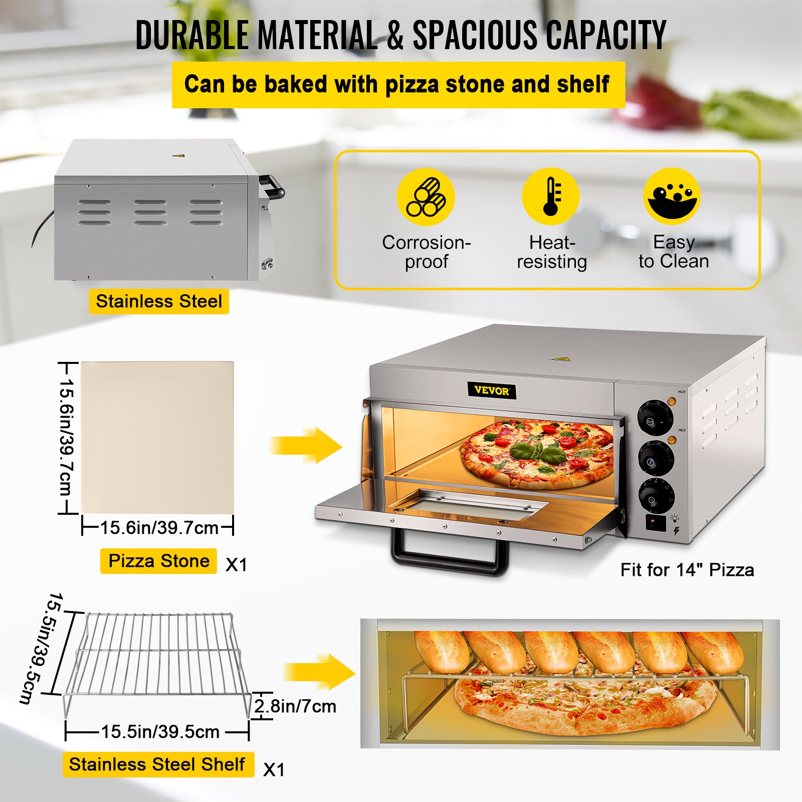 VEVOR Comercial Pizza Horno Encimera, 14" Single Deck Layer, 110V 1300W Acero Inoxidable Eléctrico Pizza Horno con Piedra y Estante, Multiusos Interior Pizza Maker para Restaurante Hogar Pretzels Horneado