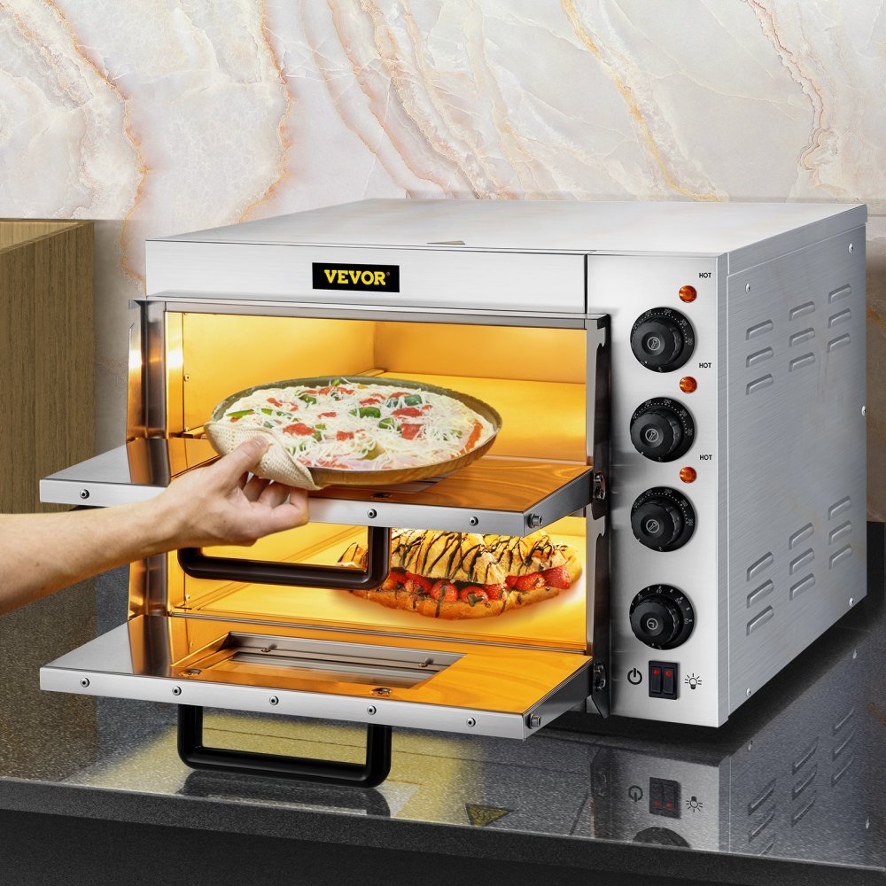 VEVOR Comercial Pizza Horno Encimera, 14" Doble Capa, 110V 1950W Acero Inoxidable Eléctrico Pizza Horno con Piedra y Estante, Multiusos Interior Pizza Maker para Restaurante Hogar Pretzels Horneado
