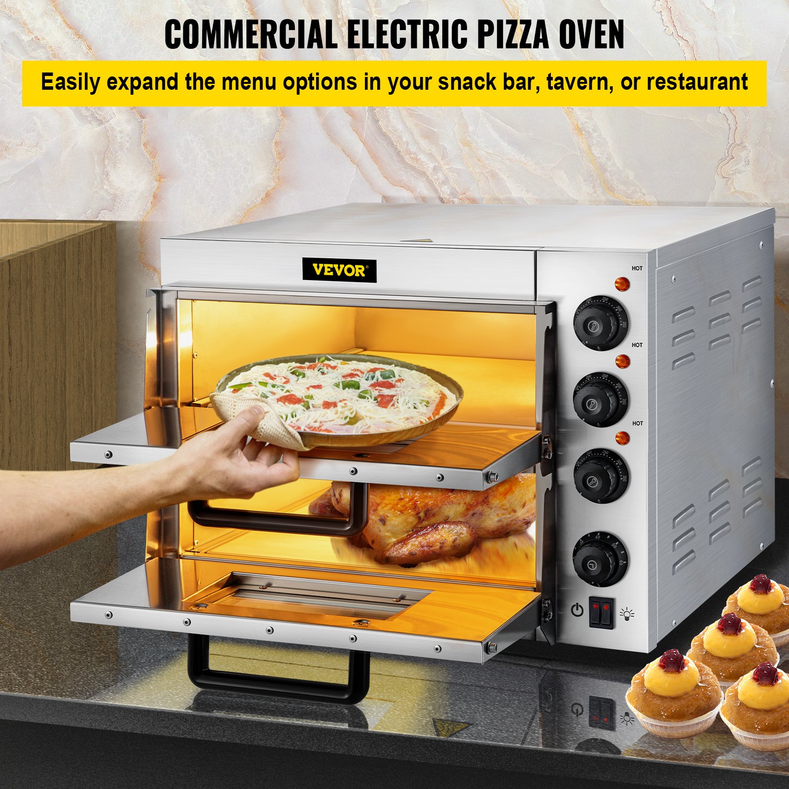 VEVOR Comercial Pizza Horno Encimera, 14" Doble Capa, 110V 1950W Acero Inoxidable Eléctrico Pizza Horno con Piedra y Estante, Multiusos Interior Pizza Maker para Restaurante Hogar Pretzels Horneado