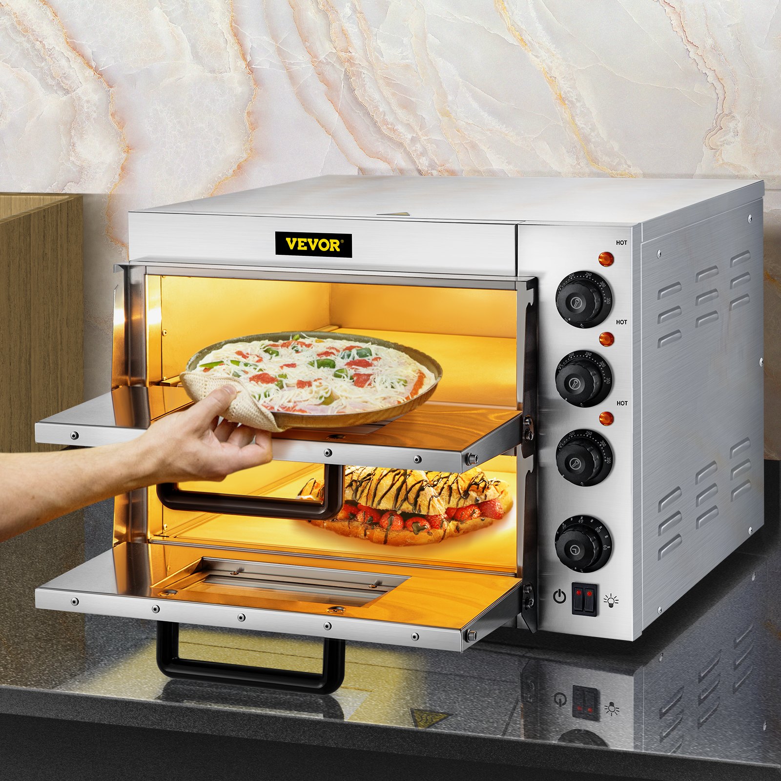 VEVOR Comercial Pizza Horno Encimera, 14" Doble Capa, 110V 1950W Acero Inoxidable Eléctrico Pizza Horno con Piedra y Estante, Multiusos Interior Pizza Maker para Restaurante Hogar Pretzels Horneado