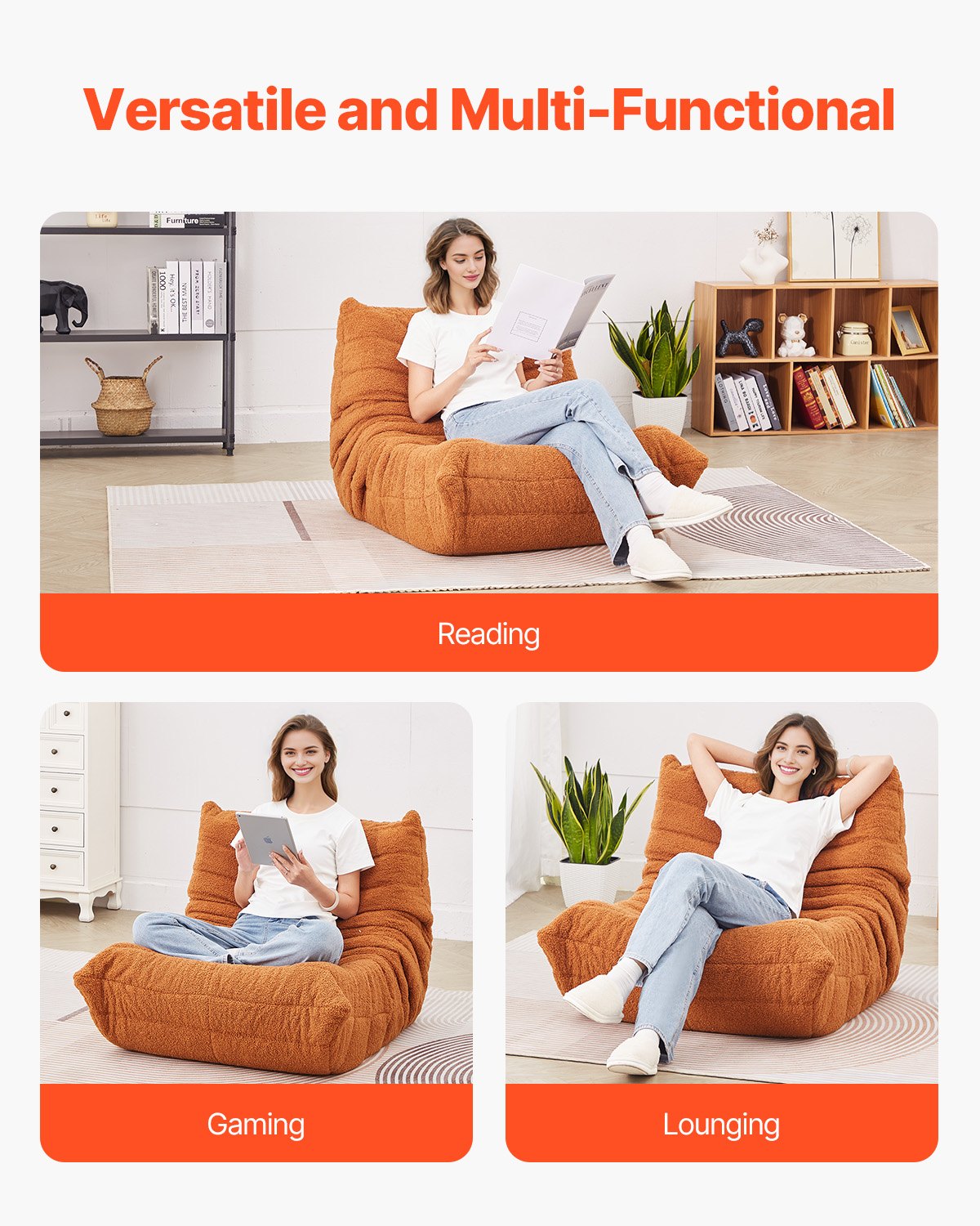 Sillón Puff VEVOR en forma de L con reposabrazos suaves y bolsillo de almacenamiento, relleno de espuma viscoelástica 25D y funda de terciopelo suave, ideal para dormitorio o sala de juegos, color marrón.