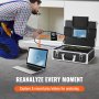 Cámara de alcantarillado VEVOR en uso, conectándose a una computadora portátil y un monitor para inspección y análisis en tiempo real.