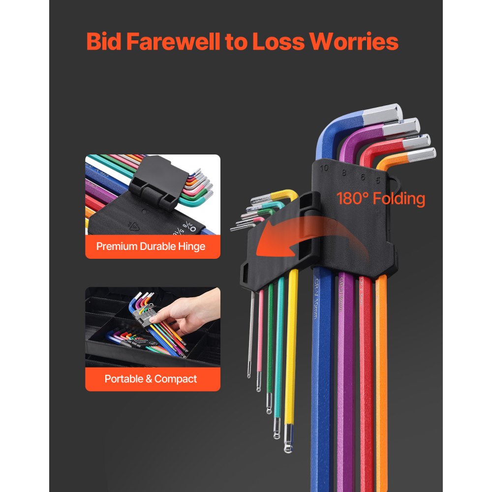 VEVOR Juego de llaves Allen hexagonales, 22 piezas SAE (0,050-3/8 pulg.) y métricas (1,5-10 mm), juego de llaves Allen con codificación de colores y extremo esférico, llave hexagonal en forma de L de brazo largo para bicicletas, hogar y reparación de automóviles.