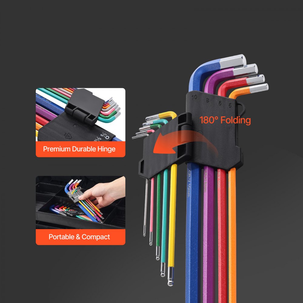 VEVOR Juego de llaves Allen hexagonales, 22 piezas SAE (0,050-3/8 pulg.) y métricas (1,5-10 mm), juego de llaves Allen con codificación de colores y extremo esférico, llave hexagonal en forma de L de brazo largo para bicicletas, hogar y reparación de automóviles.