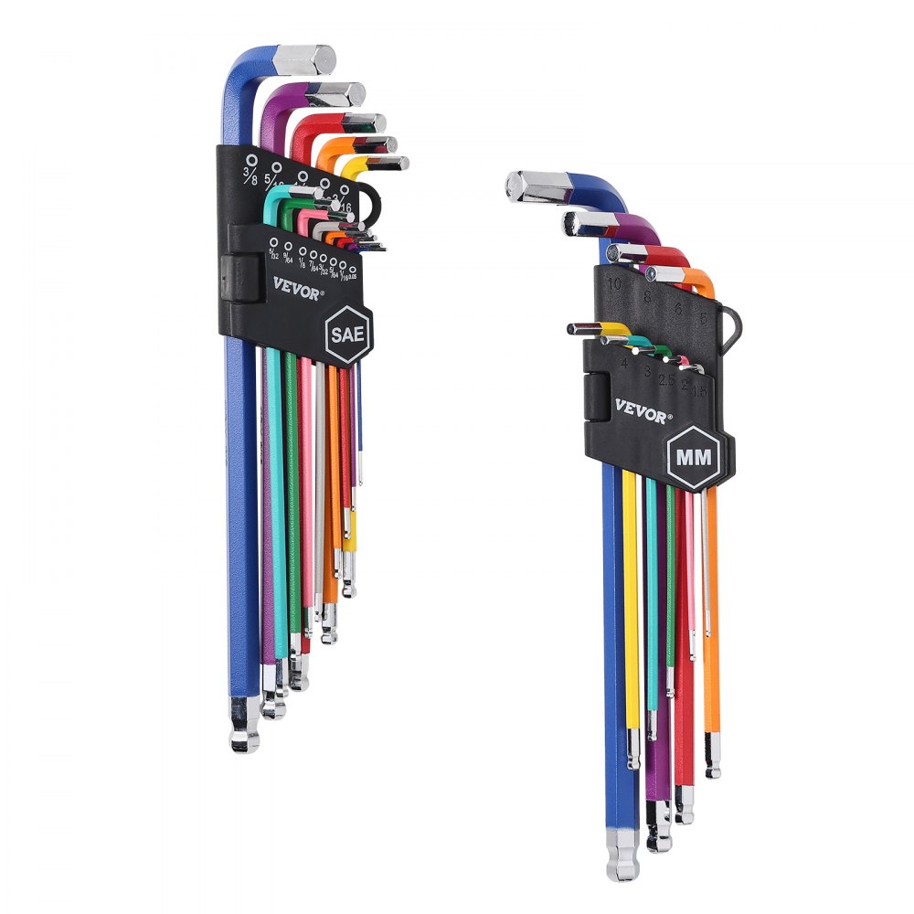 VEVOR Juego de llaves Allen hexagonales, 22 piezas SAE (0,050-3/8 pulg.) y métricas (1,5-10 mm), juego de llaves Allen con codificación de colores y extremo esférico, llave hexagonal en forma de L de brazo largo para bicicletas, hogar y reparación de automóviles.