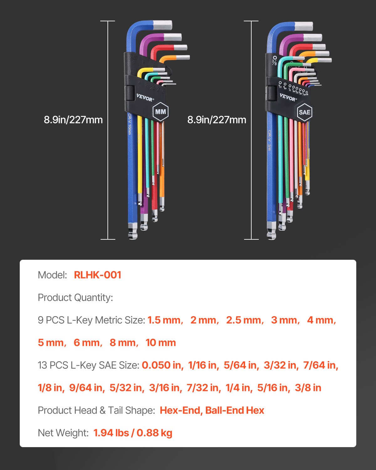 VEVOR Juego de llaves Allen hexagonales, 22 piezas SAE (0,050-3/8 pulg.) y métricas (1,5-10 mm), juego de llaves Allen con codificación de colores y extremo esférico, llave hexagonal en forma de L de brazo largo para bicicletas, hogar y reparación de automóviles.
