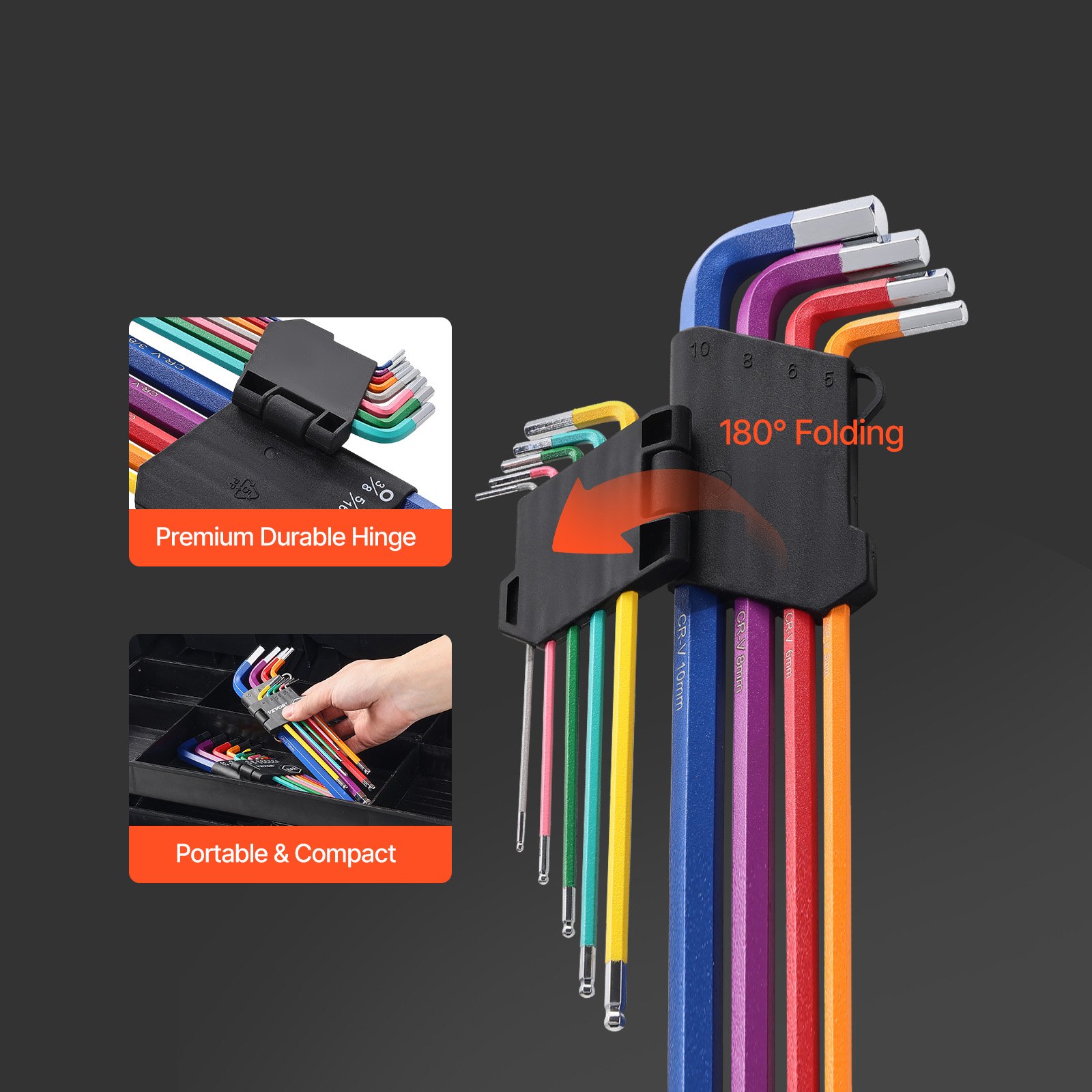 VEVOR Juego de llaves Allen hexagonales, 22 piezas SAE (0,050-3/8 pulg.) y métricas (1,5-10 mm), juego de llaves Allen con codificación de colores y extremo esférico, llave hexagonal en forma de L de brazo largo para bicicletas, hogar y reparación de automóviles.