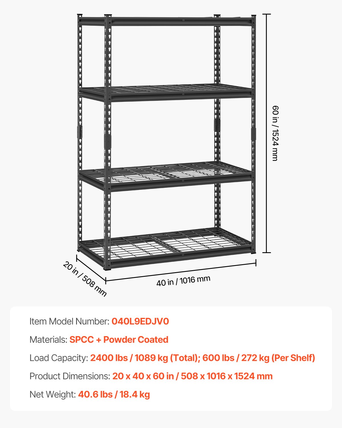 Estantes de almacenamiento VEVOR, 1187 kg, 4 niveles, resistentes, para garaje, 50 cm de profundidad x 101 cm de ancho x 152 cm de alto, ajustables, para estanterías industriales, estanterías utilitarias, para cocina, almacén y sótano, color negro.