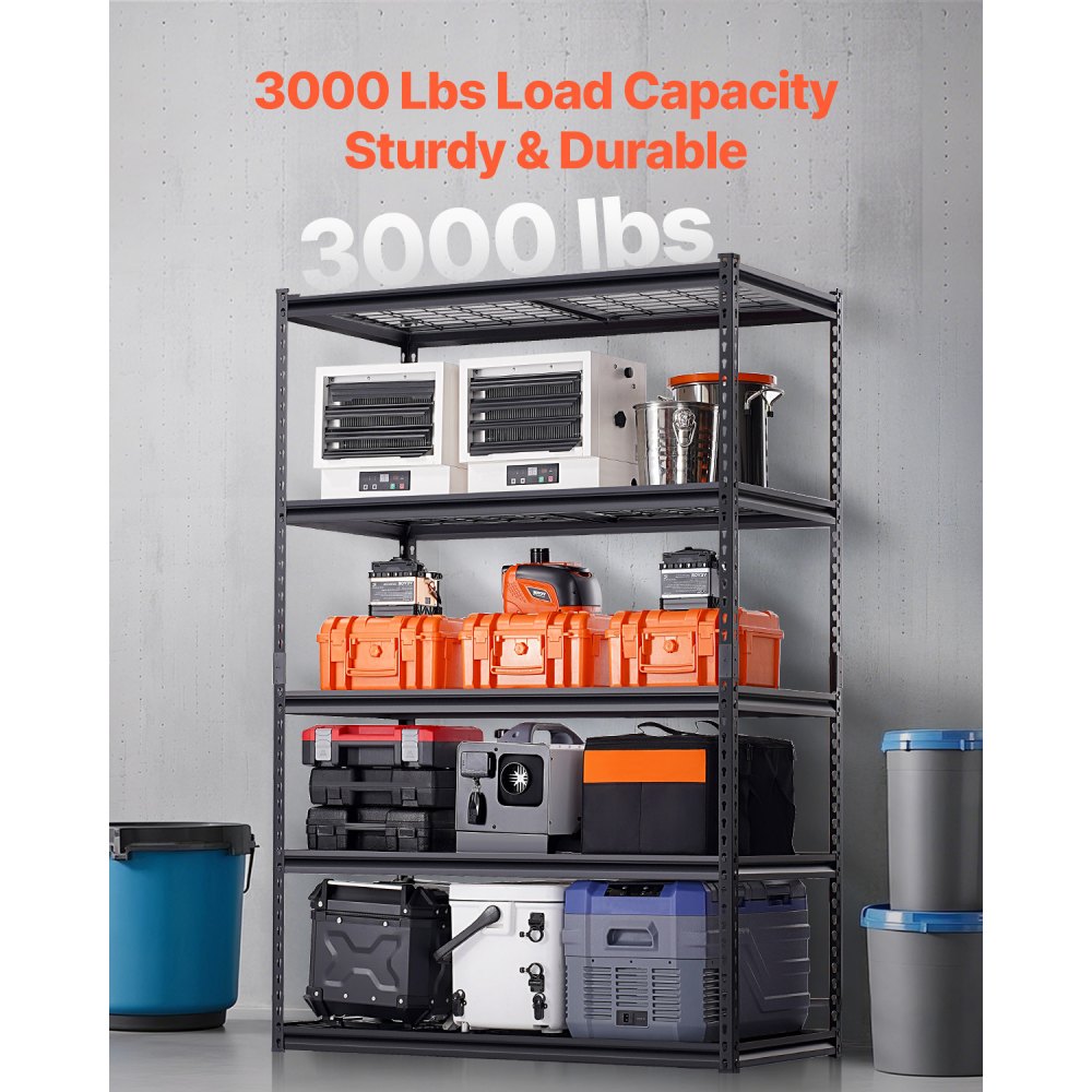 Estantes de almacenamiento VEVOR, 1367 kg, 5 niveles, resistentes, para garaje, 61 cm de profundidad x 122 cm de ancho x 183 cm de alto, ajustables, para estanterías industriales, estanterías utilitarias, para cocina, almacén y sótano, color negro.