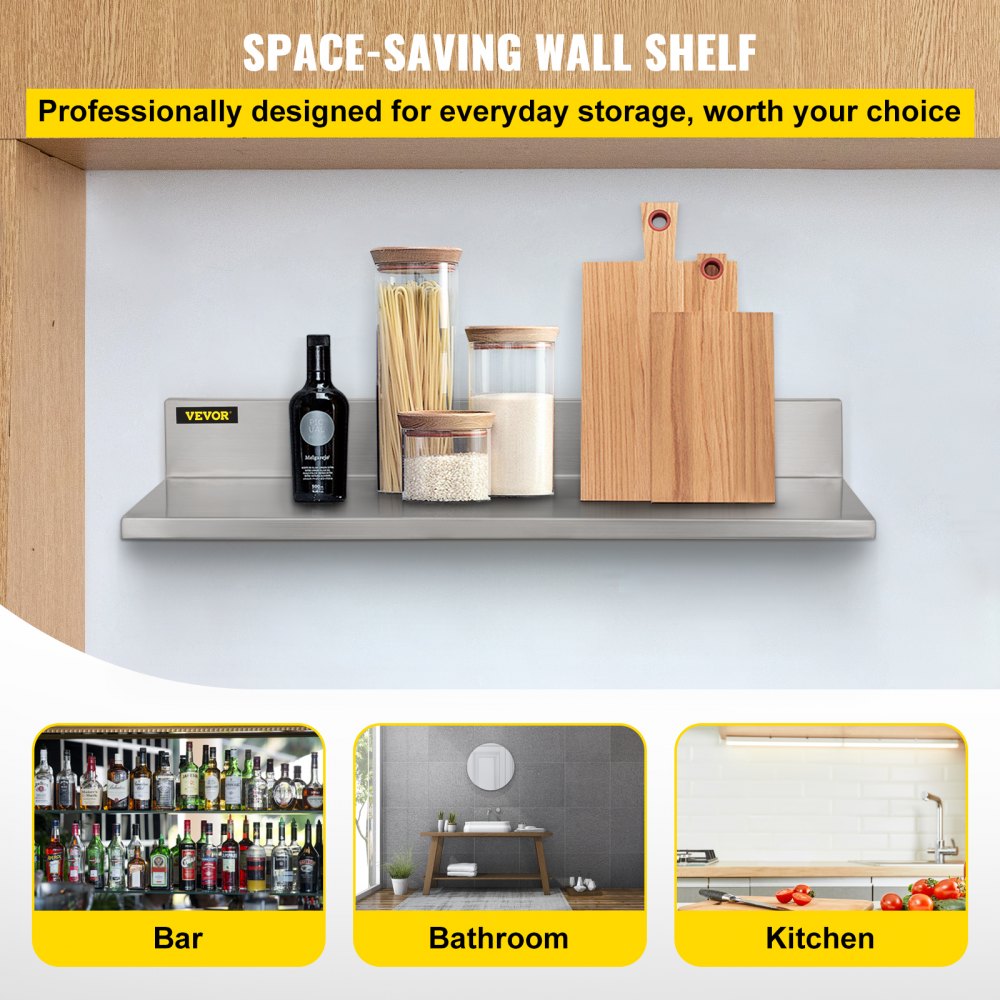 Tuspuzz Estante de pared de acero inoxidable, 8.6 x 30 pulgadas, 20.0 kg de carga resistente para montaje en pared comercial con salpicaduras para restaurante, hogar, cocina, hotel, lavandería, bar