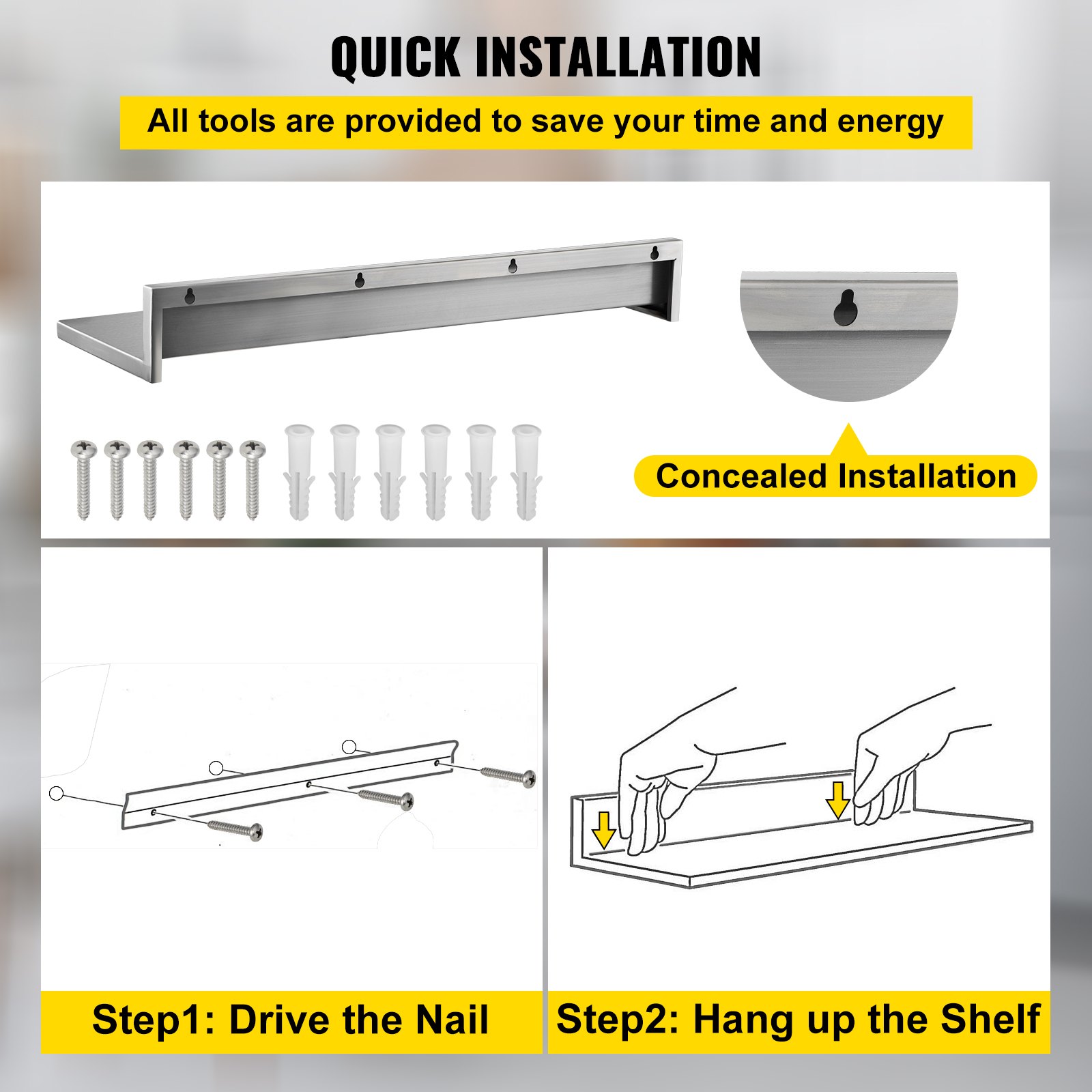Tuspuzz Estante de pared de acero inoxidable, 8.6 x 30 pulgadas, 20.0 kg de carga resistente para montaje en pared comercial con salpicaduras para restaurante, hogar, cocina, hotel, lavandería, bar