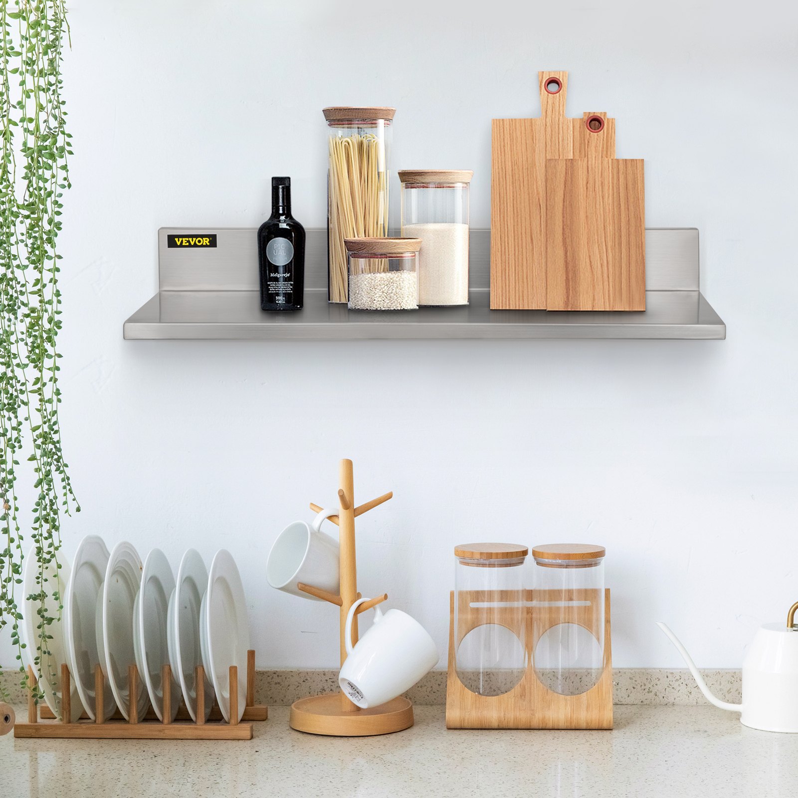 VEVOR Estantería de Pared de Acero Inoxidable Estante Flotante de Cocina 60 x 22 x 8,5 cm Repisas de Pared 2 Piezas Capacidad de Carga de 20 kg Estante Mural para Cocina Acabado de Pulido Cepillado