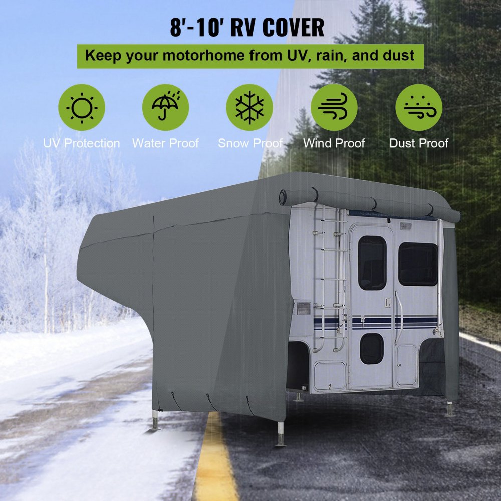 Funda para vehículos recreativos VEVOR que protege una casa rodante de 8&#039; a 10&#039; contra los rayos UV, el agua, la nieve, el viento y el polvo.