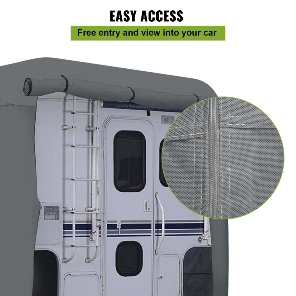 Funda para RV VEVOR que muestra la escalera de entrada trasera y un primer plano del panel de acceso con cremallera.