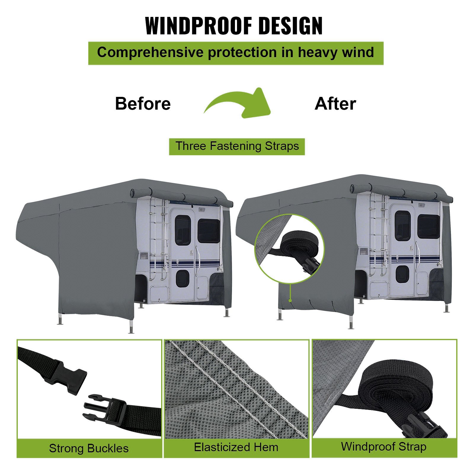 Funda para RV VEVOR a prueba de viento con tres correas de sujeción, hebillas resistentes y dobladillo elástico.