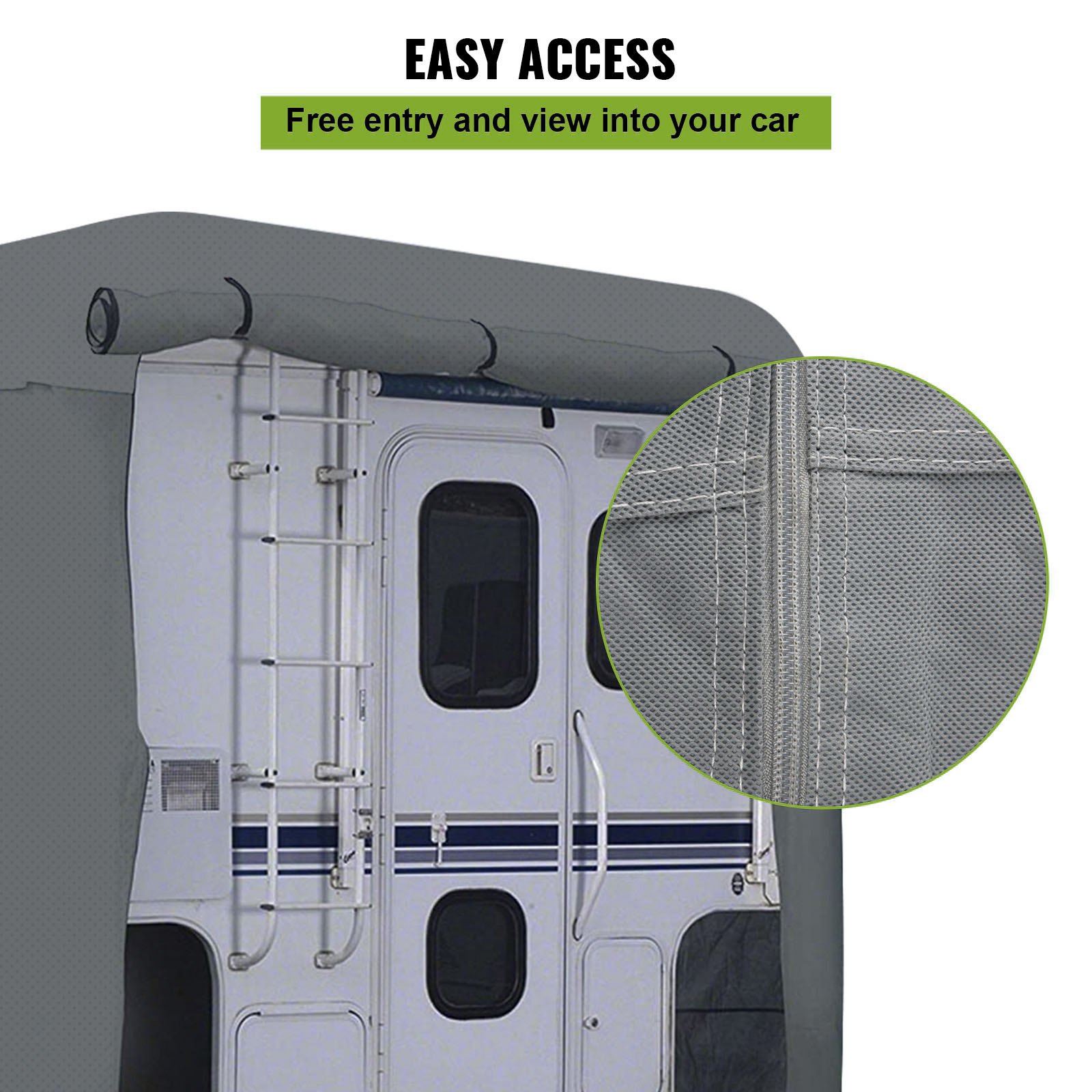 Funda para RV VEVOR que muestra la escalera de entrada trasera y un primer plano del panel de acceso con cremallera.