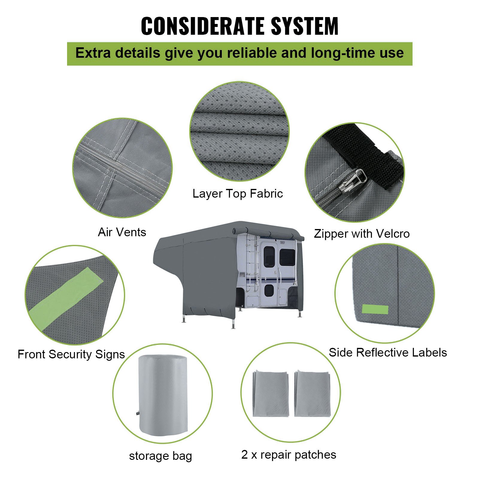 Funda para caravana VEVOR con rejillas de ventilación, etiquetas reflectantes, cremallera con velcro y bolsa de almacenamiento.