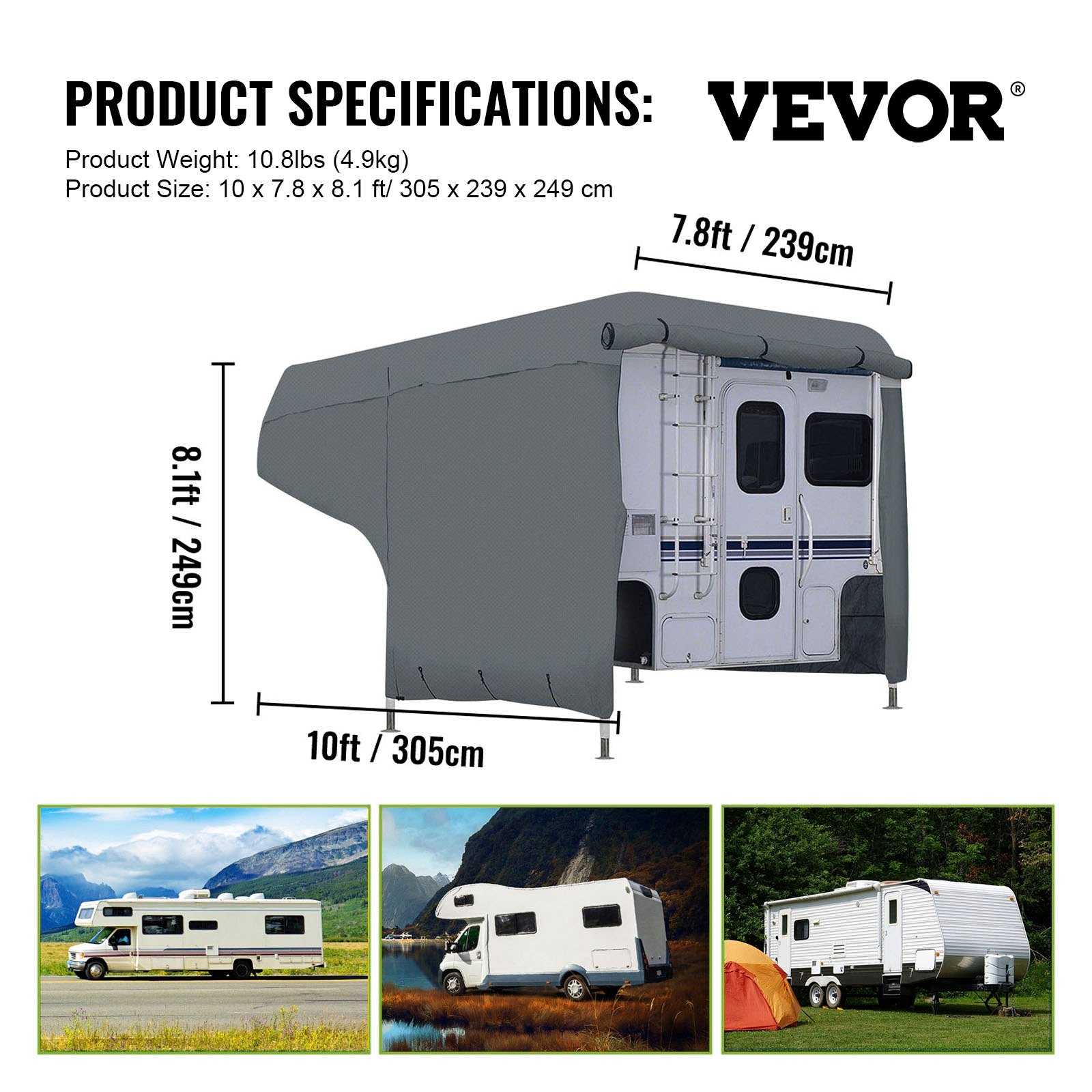 Dimensiones y peso de la cubierta para RV de VEVOR, con imágenes de RV y un remolque de viaje.