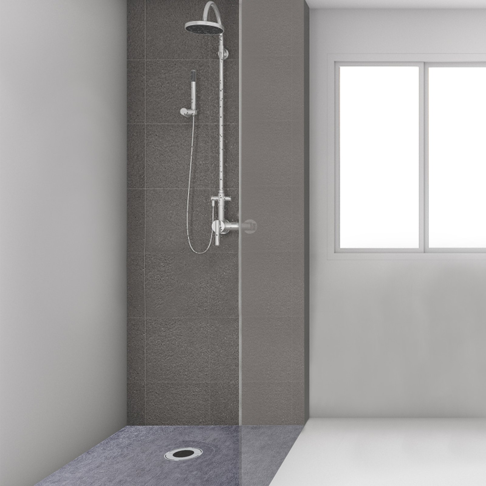 Baño moderno con azulejos grises, puerta de ducha de cristal y kit de bordillo de ducha VEVOR.